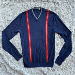 Dsquared V-Neck Wool Sweater M Slim Fit Thin Fine Knit Stripe Pullover Navy LS